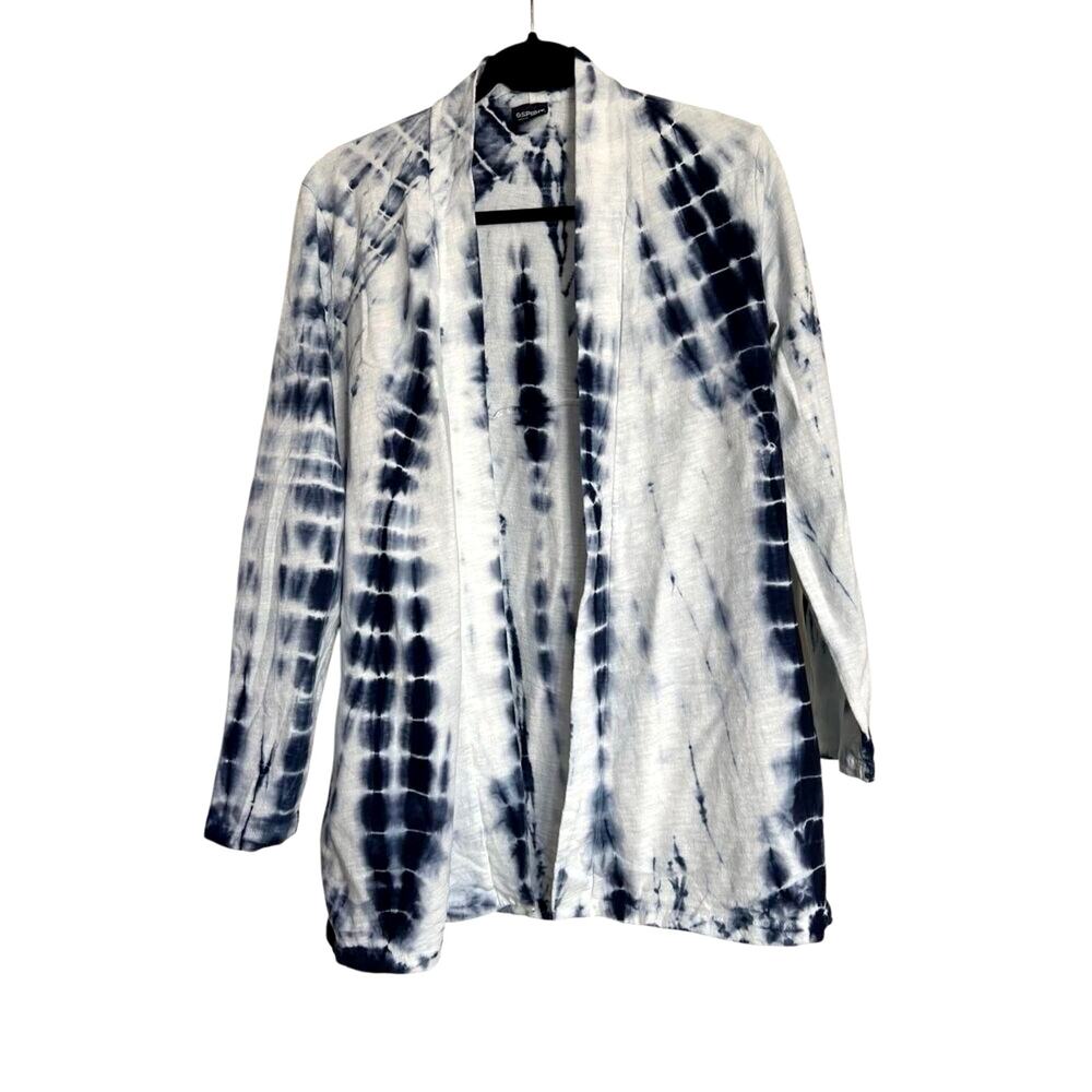 Spirit Jersey Sweater‎ Womens Medium White Blue Cardigan Tie Dye Open Front NWOT